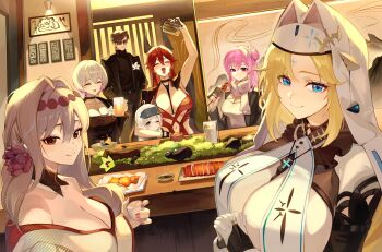 1boy 6+girls ;) absurdres ahoge alcohol alternate_costume arm_up aviator_sunglasses bare_shoulders beer beer_mug between_breasts black_choker black_dress black_gloves black_jacket black_pants black_shirt blonde_hair blue_eyes blush bodysuit braid breasts bridal_gauntlets brown_hair choker choko_(cup) cleavage cleavage_cutout cloak closed_eyes closed_mouth clothing_cutout collarbone commentary_request cross cross_facial_mark cross_necklace cup doro_(nikke) dorothy_(nikke) double-parted_bangs dress drinking_glass drooling drunk evening_gown facial_mark fingerless_gloves flower flower-shaped_hair food gloves goddess_(nikke) goddess_of_victory:_nikke grey_hair grin group_picture hair_between_eyes hair_bun hair_intakes hairband hands_in_pockets head-mounted_display headlock highres holding holding_food horns indoors jacket jacket_on_shoulders japanese_clothes jewelry k1ml_999 kimono korean_commentary large_breasts liliweiss_(nikke) long_braid long_hair long_sleeves looking_at_viewer mechanical_horns mixed-language_commentary mouth_drool mug multicolored_hair multiple_girls navel navel_cutout necklace nun nun_headdress off_shoulder official_alternate_costume one_eye_closed open_clothes open_jacket open_mouth own_hands_clasped own_hands_together pants parted_bangs pink_hair purple_eyes rapunzel_(nikke) rapunzel_(pure_grace)_(nikke) red_dress red_eyes red_flower red_hair red_hairband red_hood_(nikke) red_hood_(nonsense_red)_(nikke) red_nails red_rose rose scarf scarlet_(black_shadow)_(longing_flower)_(nikke) scarlet_(black_shadow)_(nikke) scarlet_(nikke) shirt short_hair sidelocks single_side_bun sitting smile snow_white_(innocent_days)_(nikke) snow_white_(nikke) standing stomach strap_between_breasts sunglasses sweater the_legendary_commander_(nikke) two-tone_kimono upper_body very_long_hair white_bodysuit white_cloak white_hair white_kimono white_scarf white_sweater yellow_eyes