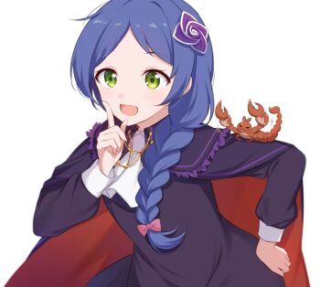 1girl :d ascot black_dress blue_hair bow braid braided_ponytail cape dress flower green_eyes hair_bow hair_flower hair_ornament hand_on_own_hip highres index_finger_raised long_hair long_sleeves meili_portroute mikami_(nemu_mohu) open_mouth pink_bow re:zero_kara_hajimeru_isekai_seikatsu red_cape shaula_(re:zero) single_braid smile solo two-sided_fabric two-tone_cape white_ascot white_background