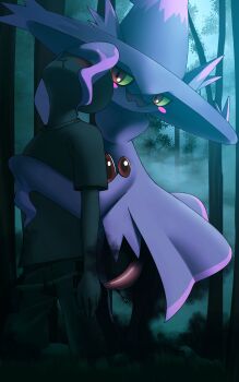 10:16 2020 2boys animal_penis bald blue_background blush colored_sclera drooling erection eye_contact faceless faceless_male floating flying fog forest gen_4_pokemon ghost half-closed_eyes highres katahane3 kneeling looking_at_another looking_at_viewer male_focus mismagius multiple_boys nature night nintendo nude outdoors pants penis pokemon pokemon_(creature) precum red_eyes saliva shirt smile tree yaoi yellow_sclera