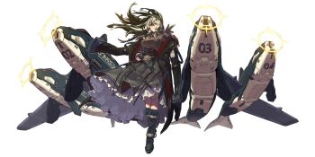 1girl black_boots black_coat black_gloves boots brown_jacket coat coat_on_shoulders dress esnowg floating_hair full_body gloves grey_dress grey_hair hashtag-only_commentary highres jacket lace-up_boots layered_dress long_sleeves non-humanoid_robot open_clothes open_coat orca original partially_fingerless_gloves robot robot_animal simple_background solo white_background