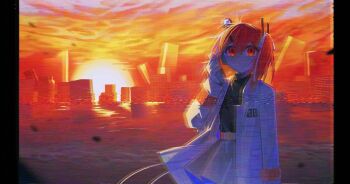 1girl a.i._voice absurdres adachi_rei backlighting beach belt black_headwear black_shirt blank_stare building cable cassette_player cloud cloudy_sky distortion empty_eyes floating_hair gloves grey_skirt hair_ornament hair_ribbon hairclip hand_up headlamp headset highres holding jacket letterboxed long_sleeves medium_hair miss_leaves ocean open_clothes open_jacket orange_eyes orange_hair orange_sky outdoors parka parted_lips partially_immersed post-apocalypse radio_antenna ribbon ruins shirt side_ponytail skirt sky skyline skyscraper solo sound_wave sun sunset swept_bangs turtleneck utau utility_belt vhs_artifacts waves white_gloves white_jacket white_ribbon wind wind_lift