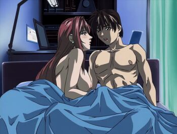 00s 1boy 1girl 2002 abs age_difference animated animated_gif anime_screenshot bed bed_sheet bible_black bible_black_night_of_the_walpulgiss blush breasts brown_hair computer curtains earrings handjob hetero jewelry laptop large_breasts long_hair mature_female minase_taki muscular muscular_male naked_sheet nipples nude older_female_and_younger_male pectorals penis red_hair short_hair tagme takashiro_hiroko teacher teacher_and_student uncensored under_covers