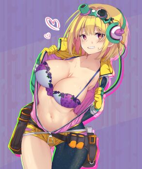 1girl absurdres asymmetrical_clothes bag blonde_hair bra breasts breasts_out collarbone dohna_dohna_issho_ni_warui_koto_o_shiyou gloves goggles goggles_on_head grin headphones heart highres large_breasts looking_at_viewer mistress_(dohna_dohna) navel purple_background red_eyes satchel single_pantsleg smile solo thigh_gap underwear yellow_gloves yononaka zipper_pull_tab