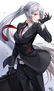 Rule 34 | 1girl, agent 47, agent 47 (cosplay), ak-15 (erwin) (girls' frontline), ak-15 (girls' frontline), belt, biting, black gloves, black jacket, black pants, braid, collared shirt, commentary, cosplay, dress shirt, english commentary, formal clothes, french braid, girls' frontline, biting glove, gloves, highres, hitman (game), holding, holding suitcase, jacket, long hair, niac, pants, pink lips, purple eyes, red neckwear, shirt, sidelocks, standing, suit, suitcase, very long hair, white background, white belt, white shirt