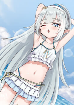 1girl armpits bikini breasts female_tyrant_(stella_sora) fuseato highres long_hair navel one_eye_closed pointy_ears small_breasts solo stella_sora swimsuit tyrant_(stella_sora)