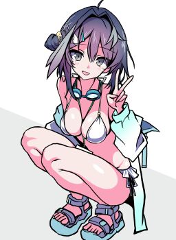 1girl :d aqua_shirt arknights bikini black_eyes black_hair blush breasts cleavage commentary goggles goggles_around_neck gradient_clothes gradient_shirt grey_background hair_between_eyes hair_intakes hair_ornament hairclip hand_up highres la_pluma_(arknights) la_pluma_(summer_flowers)_(arknights) long_sleeves medium_breasts official_alternate_costume open_mouth shirt short_hair simple_background smile solo squatting swim_goggles swimsuit two-tone_background v white_background white_bikini white_shirt ya-1_(yaiyai123)