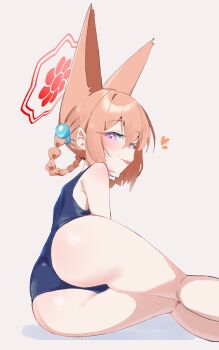 1girl absurdres animal_ears ass blue_archive blue_one-piece_swimsuit blush braid braided_hair_rings breasts fox_ears gen_(unzzenasd) grey_background hair_between_eyes hair_rings halo heart highres looking_at_viewer one-piece_swimsuit orange_hair purple_eyes red_halo rumi_(blue_archive) rumi_(small)_(blue_archive) simple_background small_breasts smile solo swimsuit tongue tongue_out