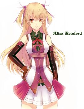 Rule 34 | 1girl, alisa reinford, bare shoulders, blonde hair, breasts, brown eyes, brown gloves, detached sleeves, eiyuu densetsu, english text, floating hair, gloves, hand on own hip, large breasts, long hair, sen no kiseki, sen no kiseki (series), sen no kiseki ii, short twintails, simple background, skirt, smile, solo, twintails, upper body, user yhmk3257, white background
