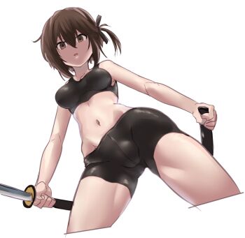 Rule 34 | 1girl, bike shorts, black shorts, black sports bra, breasts, brown eyes, brown hair, cameltoe, commentary request, contrapposto, cowboy shot, cropped legs, etou kanami, from below, groin, hair between eyes, highres, holding, holding sheath, holding sword, holding weapon, katana, looking at viewer, mashitono desu, medium breasts, navel, one side up, parted lips, sheath, short hair, shorts, sidelocks, simple background, solo, sports bra, standing, stomach, sword, toji no miko, weapon, white background