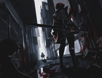 Rule 34 | 2girls, absurdres, alley, black hair, black pants, blood, blood on hands, blood splatter, coat, commentary, duel, english commentary, facing away, from below, grey coat, highres, holding, holding sheath, holding sword, holding weapon, imminent fight, long sleeves, multiple girls, original, outdoors, pants, scabbard, sheath, short hair, solo focus, standing, sword, titanartx, urban, weapon