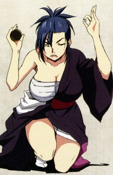 1girl blue_eyes breasts cleavage dice gambling highres japanese_clothes kimono large_breasts legs manyuu_chifusa manyuu_hikenchou official_art one_eye_closed patterned ponytail reference_sheet sarashi scan simple_background solo straight-on takagi_jun thighs