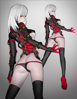 1girl 3d android bags_under_eyes cable covered_erect_nipples fingernails gradient_background grey_background high_heels highres kinon_astalisk long_fingernails looking_at_viewer looking_back md5_mismatch mechabare original platform_footwear red_eyes resolution_mismatch revealing_clothes science_fiction source_smaller thighhighs white_hair