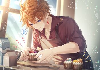 1boy absurdres aether_(genshin_impact) alternate_costume apron baking blue_eyes brown_apron closed_mouth commentary_request cupcake drink_carton earrings food gem genshin_impact glint highres holding holding_food indoors jewelry leaning_forward male_focus milk_carton mixing_bowl musical_note orange_hair paimon_(genshin_impact) red_gemstone red_shirt shirt short_hair short_sleeves single_earring solo speech_bubble spoken_musical_note sunlight tartaglia_(genshin_impact) upper_body white_day window yuno_kaihara
