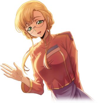 1girl blonde_hair blue_eyes breasts clarice_garfield code_geass code_geass:_lost_stories f4samurai game_cg glasses green_eyes large_breasts long_hair looking_at_viewer official_art open_mouth orange_shirt shirt simple_background smile