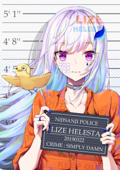 Rule 34 | 1girl, absurdres, alternate costume, artistic error, bird, blue nails, blue ring, character name, closed mouth, collar, collarbone, commentary request, copyright name, drop shadow, earrings, english text, facial mark, gold ring, hair ornament, halftone, halftone background, hands up, height mark, highres, holding, holding sign, hoop earrings, iridescent hair, jewelry, jumpsuit, lize helesta, long hair, looking at viewer, metal collar, monocle, mugshot, multiple rings, nail polish, nijisanji, number on cheek, orange jumpsuit, prison clothes, purple eyes, ring, sai leoria, sebastian piyodore, sign, sleeves rolled up, straight-on, teardrop facial mark, upper body, virtual youtuber, watermark, white hair, yellow bird