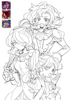 3girls :d ascot bad_id bad_twitter_id blueberry_cookie brooch bumbleberry_cookie cookie_run cookie_run:_kingdom cranberry_cookie dress fangs food-themed_hair_ornament greyscale hair_bun hair_ornament highres humanization inactive_account jewelry lineart long_hair looking_at_viewer monochrome multiple_girls nana_(ebitokanimiso) open_mouth painttool_sai_(medium) reference_inset short_hair side_ponytail simple_background single_hair_bun sketch skin_fangs smile white_background