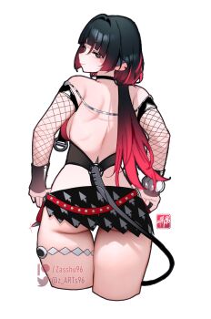 1girl animal_ears bare_shoulders black_hair black_one-piece_swimsuit breasts commentary english_commentary green_eyes highres jane_doe_(nocturne_of_light)_(zenless_zone_zero) jane_doe_(zenless_zone_zero) long_hair looking_at_viewer looking_back mouse_ears mouse_girl mouse_tail multicolored_hair one-piece_swimsuit simple_background smile solo swimsuit tail underbutt zasshu zenless_zone_zero