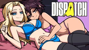 2girls black_eyes black_hair black_thighhighs blonde_blazer blonde_hair blue_bra blue_eyes blue_panties bra breasts cleavage commission commissioner_upload dispatch face_piercing hand_on_another&#039;s_waist highres invisigal long_hair looking_at_viewer lying multiple_girls nose_piercing nose_ring on_back on_bed panties parted_bangs piercing pink_bra pink_panties short_hair smile thighhighs thighs underwear vhite
