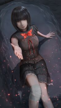 1girl above-cleavage_cutout absurdres amakura_mayu bandaged_leg bandages black_hair black_shirt black_skirt bob_cut breasts brown_camisole brown_eyes bug butterfly buttons camisole camisole_over_clothes cave_interior closed_mouth clothing_cutout commentary fatal_frame fatal_frame_ii:_crimson_butterfly feet_out_of_frame from_above hand_up highres insect izumi_(izumiii_01) knees_together_feet_apart light_particles looking_at_animal medium_breasts miniskirt on_rock open_hand outstretched_arm red_butterfly red_ribbon ribbon rock shadow shirt short_hair short_sleeves sitting skirt solo