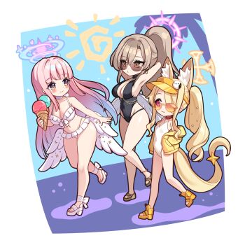 3girls :3 animal_ear_fluff animal_ears arm_behind_head armpits backless_outfit bikini black_one-piece_swimsuit blonde_hair blue_archive blue_hair blush breasts brown_hair cleavage closed_mouth commentary_request covered_navel feathered_wings food fox_ears full_body halo halterneck hand_up high_ponytail highres holding holding_food holding_ice_cream holding_ice_cream_cone ice_cream ice_cream_cone jacket korean_commentary long_hair looking_at_another low_wings medium_breasts mika_(blue_archive) mika_(swimsuit)_(blue_archive) multicolored_hair multiple_girls nagisa_(blue_archive) nagisa_(swimsuit)_(blue_archive) navel one-piece_swimsuit open_clothes open_jacket orange_visor pink_hair pink_halo ponytail revision sandals seia_(blue_archive) seia_(swimsuit)_(blue_archive) small_breasts smile stomach sunglasses swimsuit tea_party_(blue_archive) trhisell very_long_hair visor_cap walking white_bikini white_one-piece_swimsuit white_sandals white_wings wings yellow_eyes yellow_halo yellow_jacket