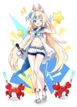 1girl absurdres animal_ear_fluff animal_ears asahi_illustrator bikini blonde_hair blue_bikini blue_bow blue_streaks bow breasts cat_ears commentary english_commentary fins fish_girl fish_tail hair_bow highres holding holding_microphone indie_virtual_youtuber kaniki_(sameko_saba) long_hair looking_at_viewer low_twintails microphone one_eye_closed open_mouth sameko_saba sameko_saba_(1st_costume) shorts small_breasts smile striped_bikini striped_clothes swimsuit symbol-only_commentary tail twintails v very_long_hair virtual_youtuber white_shorts