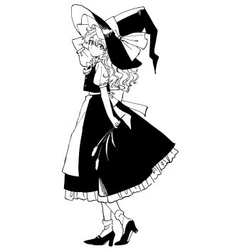 Rule 34 | 1girl, apron, back bow, bow, braid, buttons, cattail, commentary request, from side, full body, greyscale, hair bow, hand up, hat, hat ribbon, highres, holding, holding plant, kirisame marisa, long hair, looking to the side, monochrome, natsume (menthol), petticoat, plant, ribbon, shirt, single braid, skirt, solo, touhou, vest, white background, witch hat