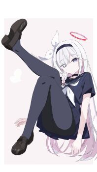 Rule 34 | 1girl, absurdres, arm at side, ass, black choker, black hairband, black sailor collar, black serafuku, black shirt, black skirt, blue archive, border, bow, brown shoes, choker, closed mouth, commentary request, dot mouth, dot nose, eyes visible through hair, full body, grey eyes, grey pantyhose, hair bow, hair over one eye, hairband, halo, highres, knee up, leg up, loafers, long bangs, long hair, miniskirt, neckerchief, outside border, pantyhose, parted bangs, partial commentary, pink background, plana (blue archive), pleated skirt, reclining, red halo, red pupils, sailor collar, school uniform, serafuku, shirt, shoes, short sleeves, simple background, skirt, solo, starry mq, straight hair, summer uniform, very long hair, white border, white bow, white hair, white neckerchief
