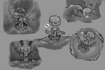 asphyxiation blush covered_in_slime cum cum_in_mouth cum_in_pussy drowning exhausted monochrome monochrome_background heavy_breathing pleated_skirt skirt slime stuck stuck_in_slime