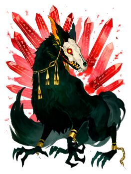 Rule 34 | anklet, broken, broken chain, chain, crystal, dairoku ryouhei, earrings, highres, jewelry, kuten (tw), looking at viewer, monster, no humans, red eyes, runes, skull, tail