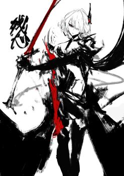 1girl absurdres acheron_(honkai:_star_rail) boots colored_skin hair_ornament hair_over_one_eye highres holding holding_sword holding_weapon honkai:_star_rail honkai_(series) long_hair red_eyes red_skin simple_background sketch strap sword thigh_boots tuda6 weapon white_background white_hair