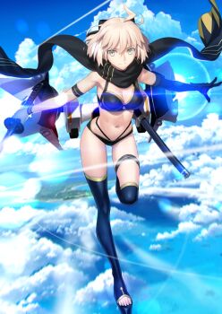 1girl above_clouds ahoge armband bikini black_bikini black_bow black_gloves black_scarf black_thighhighs blue_background blue_sky bow breasts cleavage closed_mouth cloud elbow_gloves fate/grand_order fate_(series) full_body game_cg gloves grey_eyes hair_between_eyes hair_bow holding holding_sword holding_weapon jetpack katana leaning_forward leg_up lens_flare looking_at_viewer medium_breasts multi-strapped_bikini_bottom navel official_art okita_j._souji_(fate) okita_j._souji_(first_ascension)_(fate) okita_souji_(fate) outstretched_arms pink_hair platform_sandals sandals scarf sheath short_hair single_glove sky smile solo swimsuit sword takeuchi_takashi thigh_strap thighhighs third-party_source toes unsheathed variant_set weapon wristband