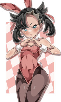 1girl absurdres alternate_costume aqua_eyes bare_shoulders black_hair blush border breasts brown_pantyhose commentary_request cowboy_shot detached_collar heart heart_hands highres leotard looking_at_viewer marnie_(pokemon) nintendo outside_border pantyhose parted_lips pink_leotard playboy_bunny pokemon pokemon_swsh shiki_(kisikisi1007) small_breasts solo white_border white_wrist_cuffs wrist_cuffs