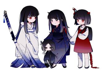 Rule 34 | 1boy, araya (project moon), bag, black bag, black eyes, black hair, blue kimono, bow, dihui star, dress, dress tug, family, hair bow, highres, holding, holding sword, holding weapon, japanese clothes, kan 084, kimono, limbus company, long hair, long sleeves, multicolored hair, project moon, red bag, red bow, red dress, red eyes, ren (project moon), ryoshu (project moon), school bag, short hair, smile, streaked hair, sword, sword on back, weapon, weapon on back, white kimono