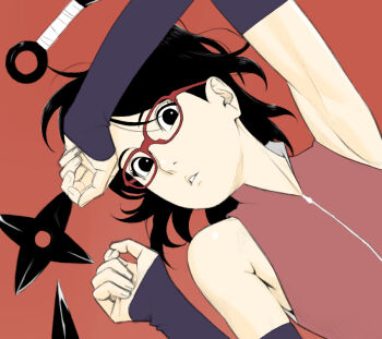1girl black_eyes black_hair boruto:_naruto_next_generations commentary_request detached_sleeves glasses kunai looking_at_viewer lying naruto_(series) on_back open_mouth red-framed_eyewear red_background short_hair shuriken simple_background solo uchiha_sarada weapon