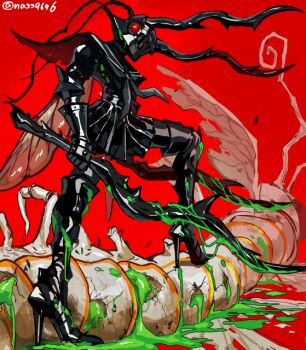 Rule 34 | antennae, armor, arthropod girl, black armor, black serafuku, black skin, blood, bug, centipede, colored skin, full body, green blood, high heels, horns, insect wings, knight, long horns, nass9696, neckerchief, original, red background, rhinoceros beetle, school uniform, serafuku, wings
