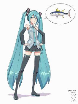 1girl aqua_eyes aqua_hair aqua_necktie black_skirt black_sleeves detached_sleeves digiral grey_shirt hatsune_miku headphones headset highres long_hair necktie pleated_skirt shirt skirt sleeveless sleeveless_shirt twintails very_long_hair vocaloid