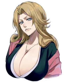 1girl 2025 black_kimono bleach blonde_hair blue_eyes breasts chain chain_necklace cleavage collarbone highres huge_breasts japanese_clothes jewelry kimono large_breasts long_hair looking_at_viewer matsumoto_rangiku mole mole_under_mouth necklace orange_hair pink_shawl shawl shihakusho shinigami smile solo strawberry_blonde uno_0a