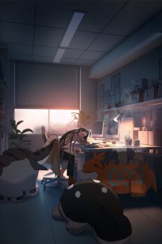 00kashian00 1girl ahoge black_pants blanket camerupt chair clodsire closed_eyes donphan gen_2_pokemon gen_3_pokemon green_hair highres holding holding_blanket holding_unworn_clothes indoors long_hair monitor necktie nintendo office office_chair pants plant pokemon pokemon_(creature) pokemon_sv rika_(pokemon) shirt sitting sleeping smoke suspenders swivel_chair very_long_hair window