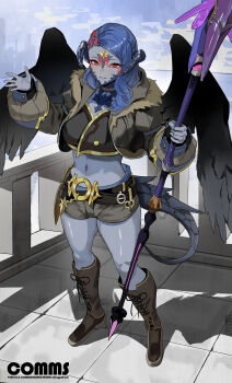 1girl absurdres au_ra belt blue_hair blue_scales blue_skin blue_tail boots brown_boots brown_jacket character_request colored_skin commentary commission cropped_jacket dragon_girl dragon_tail english_commentary feathered_wings final_fantasy final_fantasy_xiv full_body fur-trimmed_jacket fur_trim grey_shorts hand_up highres holding holding_staff horns jacket lace-up_boots long_hair long_sleeves midriff multiple_belts navel original outdoors park_ongjol parted_bangs parted_lips puffy_sleeves red_eyes red_hair short_shorts shorts smile solo staff standing strapless tail tile_floor tiles tube_top warrior_of_light_(ff14) wings
