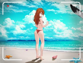 1girl ass barefoot beach bikini blanca:_a_broke_girl_in_the_slums blanca_(blanca) blue_eyes breasts butt_crack duskcraft embarrassed highres long_hair model multiple_girls ocean outdoors recording red_bikini red_hair sky small_breasts swimsuit viewfinder