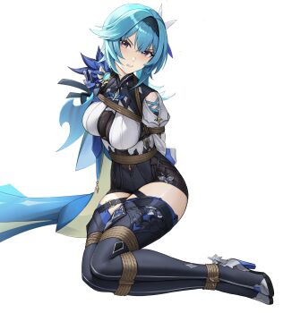 1girl absurdres black_boots black_hairband blue_eyes blue_hair boots bound breasts clenched_teeth clothing_cutout eula_(genshin_impact) genshin_impact hairband high-waist_shorts high_heel_boots high_heels highres iqbqlz large_breasts looking_at_viewer purple_eyes shirt shorts shoulder_cutout simple_background sitting solo teeth thigh_boots tied_up_(nonsexual) vision_(genshin_impact) white_background white_shirt yellow_eyes yokozuwari