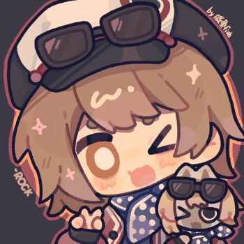 &gt;_o 1girl artist_name black_background black_hat blue_scarf blue_shirt blush_stickers bright_pupils brown_eyes brown_hair character_doll chibi circle doll eyewear_on_headwear happy hat jacket long_sleeves looking_at_viewer medium_hair newsboy_cap one_eye_closed open_clothes open_jacket open_mouth outline polka_dot polka_dot_scarf puffy_long_sleeves puffy_sleeves red_jacket red_outline regulus_(reverse:1999) reverse:1999 scarf shirt sleeves_past_wrists smile solo sunglasses two-tone_hat upper_body v white_hat white_pupils xianyu_fish