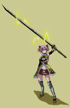 Rule 34 | ailee jeskar, armor, artist request, blade, blue eyes, capcom, delma-loprey (armor), electricity, long sword, midriff, monster hunter (series), monster hunter orage, pink hair, short hair, simple background, smile, sword, weapon