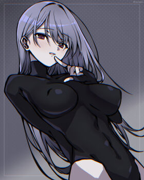 Rule 34 | 1girl, black bodysuit, black leotard, blush, bodysuit, breasts, commentary request, covered erect nipples, covered navel, fingerless gloves, gloves, highres, leotard, long hair, looking at viewer, medium breasts, open mouth, original, purple hair, red eyes, solo, yoineya
