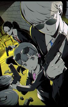 1girl 2boys adachi_tooru alley artist_request black_hair black_jacket black_pants blue_necktie brick_wall can caution_tape curious disappointed doujima_nanako dress_shirt drink_can eyewear_on_head facing_to_the_side grey_eyes gun highres holding holding_gun holding_weapon indoors jacket litter looking_at_another looking_to_the_side multiple_boys narukami_yu necktie non-web_source pants paper partially_colored persona persona_4 pink_necktie red_necktie serious shirt short_hair soda_can source_request sparkle sunglasses trash_can twintails weapon white_shirt