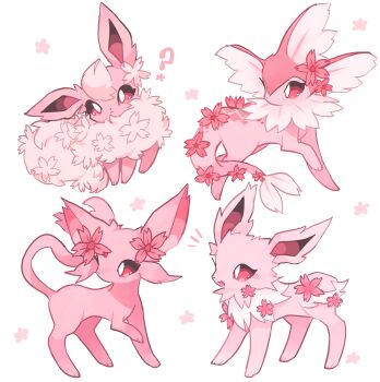 :&lt; ? alternate_color alternate_element charamells cherry_blossoms closed_mouth colored_sclera commentary ear_flower english_commentary espeon fins flareon flower fluffy full_body gen_1_pokemon gen_2_pokemon head_fins head_tilt highres jolteon nintendo no_humans non-web_source open_mouth pink_eyes pink_flower pink_sclera pink_theme pokemon pokemon_(creature) simple_background spiked_hair standing standing_on_three_legs vaporeon white_background