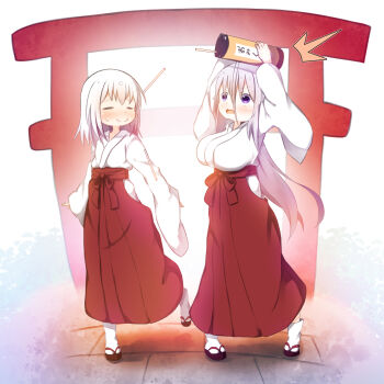 2girls ^^^ arms_up black_sandals blush breasts closed_eyes closed_mouth clothing_cutout commentary_request grey_hair hair_between_eyes hakama hakama_skirt highres hip_vent holding japanese_clothes kimono large_breasts long_hair long_sleeves miko multiple_girls open_mouth original purple_eyes red_hakama sandals skirt socks su_guryu sweat tabi torii very_long_hair wavy_mouth white_kimono white_socks wide_sleeves zouri