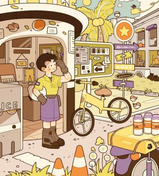 Rule 34 | 2boys, bicycle, bird, black eyes, black hair, dragon ball, dragon ball super, flying nimbus, friends, happy, hat, highres, kuririn, multiple boys, police, police hat, police uniform, policeman, smile, son goku