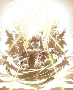 1girl above_clouds angel angel_wings arm_up blonde_hair blue_eyes bracelet breasts circlet cloud commentary crazy_eyes crazy_smile cropped_legs dress english_commentary feathered_wings forehead_jewel gem hagoromo highres ilias jewelry large_breasts light_rays light_trail long_hair looking_at_viewer mon-musu_quest! multiple_wings navel pointy_ears red_gemstone sent99 seraph_wings shawl smile solo star_(sky) very_long_hair white_dress wings