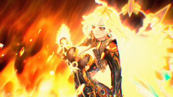 1girl ahoge biker_clothes bikesuit black_bodysuit black_gloves bodysuit breasts cleavage earrings fiery_hair fire genshin_impact gloves glowing glowing_hair highres jewelry large_breasts long_hair long_sleeves mavuika_(genshin_impact) official_alternate_hair_color orange_eyes pyrokinesis smile solo sun_earrings symbol_in_eye very_long_hair viw